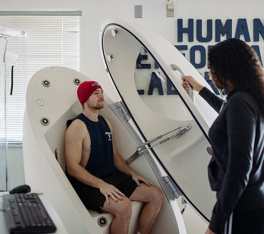 Exercise science student conducts a laboratory test.
